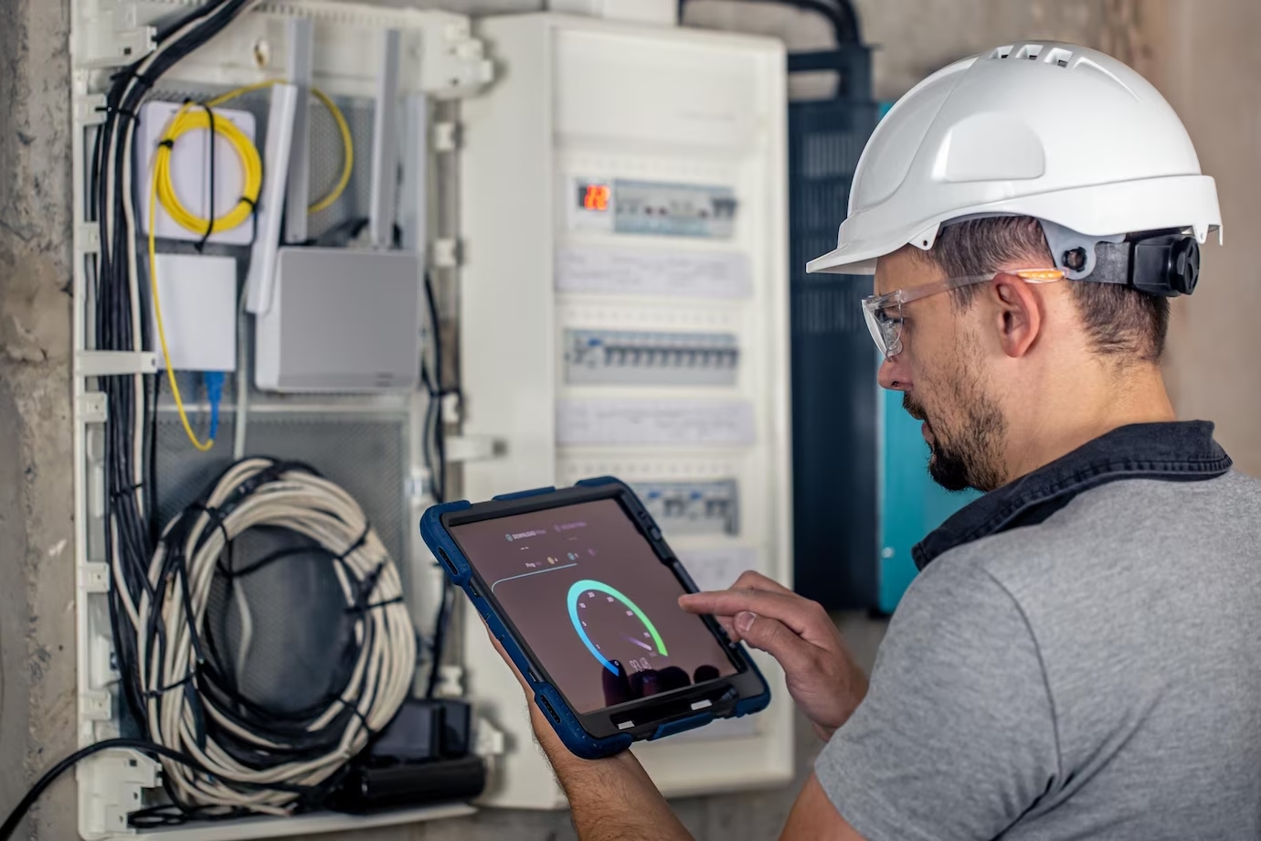 electrician checking tablet